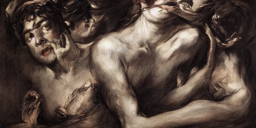 Prompt: charcoal shining beauty, by Eugène Delacroix and Francis Bacon and Micheal Whelan, Hieronymus Boch, artistic, intricate drawing, light brazen, realistic fantasy, extremely detailed and beautiful aesthetic face, establishing shot, 8k resolution, dramatic lighting