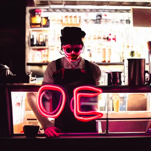 Image similar to a photograph of a vampire barista serving in a coffee shop at night with a neon sing in the background, studio lighting, 4k