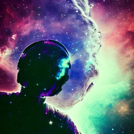 Image similar to modern double exposure monochrome spacesuit over a brilliant iridescent nebula. orange, pink, purple color ombre.