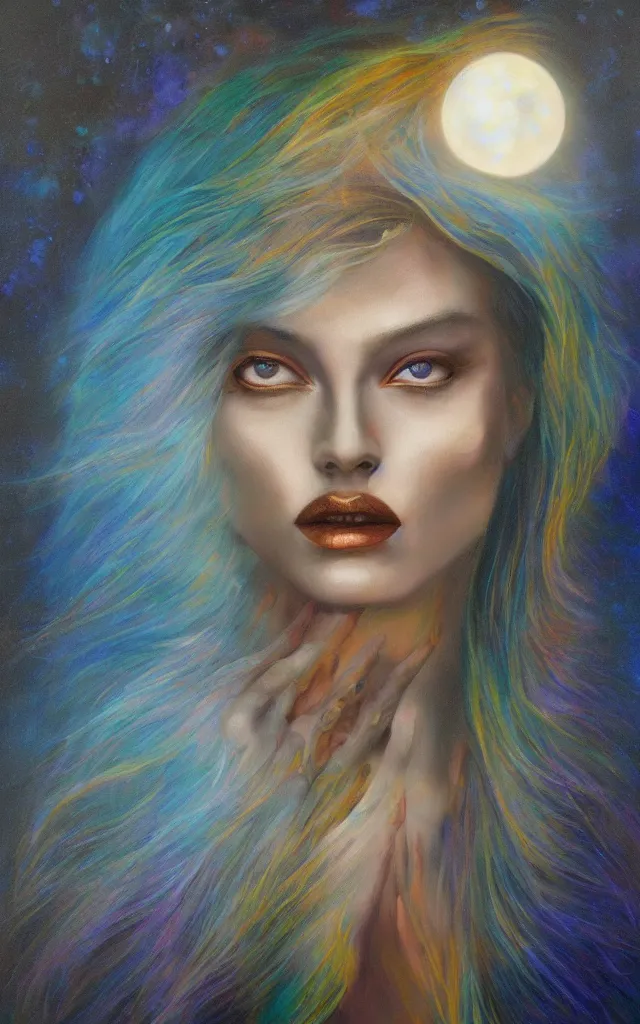 Image similar to iridescent spirit of desire and fear cruel beautiful spirit androgynous with golden eyes lunar mythos ambient fog, award winning oil painting, distinct color palette