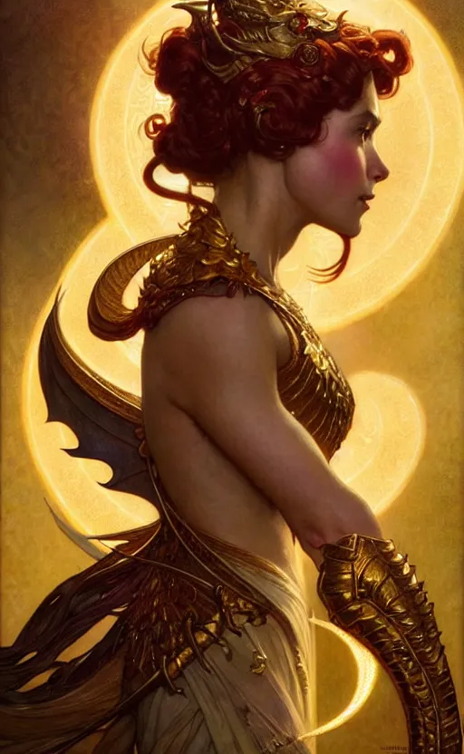 Image similar to magic gold dragon gorgeous lighting by weta studio, mucha, bautista and norman rockwell and greg rutkowski and tom bagshaw and james gurney and lucasfilm