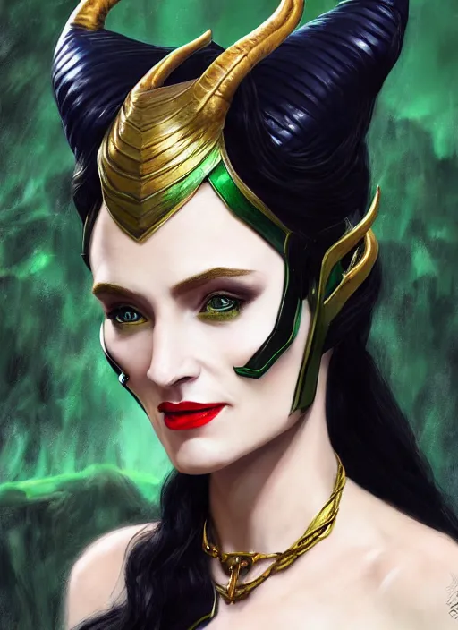 Prompt: female loki as maleficent, naturel, hyper detailed, digital art, trending in artstation, cinematic lighting, studio quality, smooth render, unreal engine 5 rendered, octane rendered, art style by klimt and nixeu and ian sprigger and wlop and krenz cushart