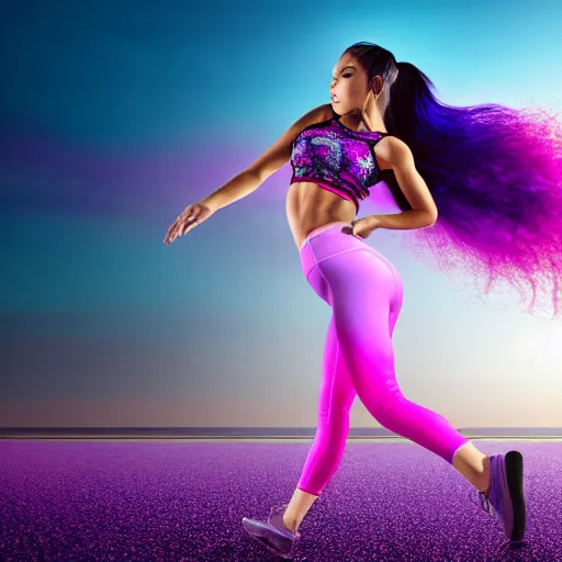 Image similar to a award winning full body shot of a beautiful woman in a croptop and leggings with a ombre purple pink teal hairstyle with head in motion and hair flying, outrun, vaporware, vivid colors, highly detailed, fine detail, intricate