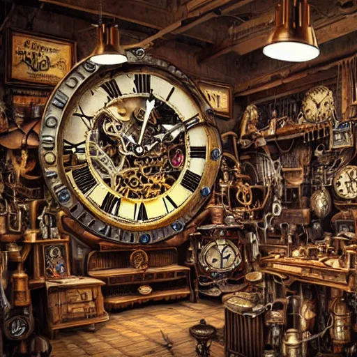 Image similar to interior of a cluttered steampunk clock shop, father time tinkering, wooden grandfather clocks everywhere, realistic, very intricate hyper detailed masterpiece by wlop