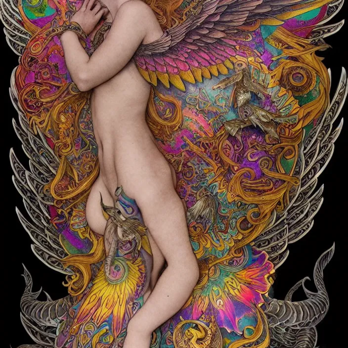 Prompt: extremely psychedelic tattoo design made of wings and mushrooms, LSD tattoo design, diffuse lighting, fantasy, intricate, elegant, highly detailed, lifelike, photorealistic, digital painting, artstation, illustration, concept art, smooth, sharp focus, art by John Collier and Albert Aublet and Krenz Cushart and Artem Demura and Alphonse Mucha