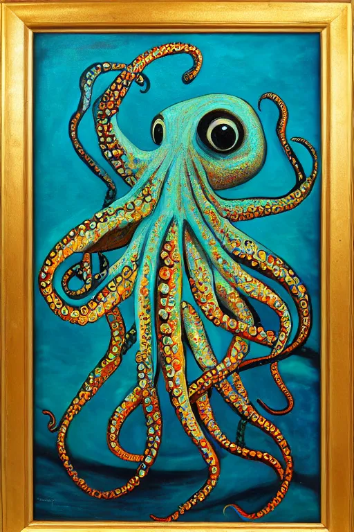 Image similar to oil painting, teal octopus, golden accents