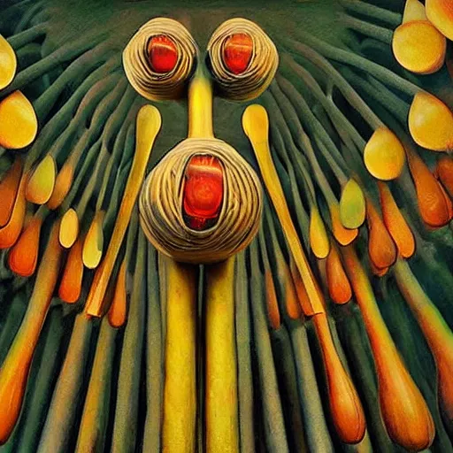 Image similar to A beautiful kinetic sculpture. It has no visible auditory organs, just eyes, human eyes, hundreds of them, in the ends of stalks that radiate from its body like some exotic fruit. CryEngine by Marsden Hartley intuitive