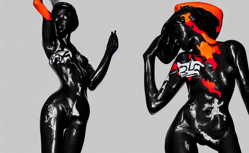 Image similar to extremely beautiful female black marble statue in the style of virgil abloh, colorful motocross logos behind her, sharp focus, clear, detailed,, cinematic, detailed, off white, glamourous, symmetrical, vogue, editorial, fashion, magazine shoot, glossy