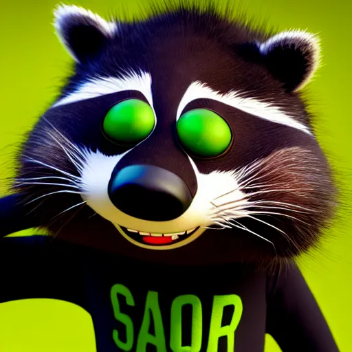 Image similar to a relaxed stoner with a black hoodie on with a marijuana themed dark green raccoon head from pixar, 3 d, blender 3 d, render, extremely detailed, 8 k, detailed fur