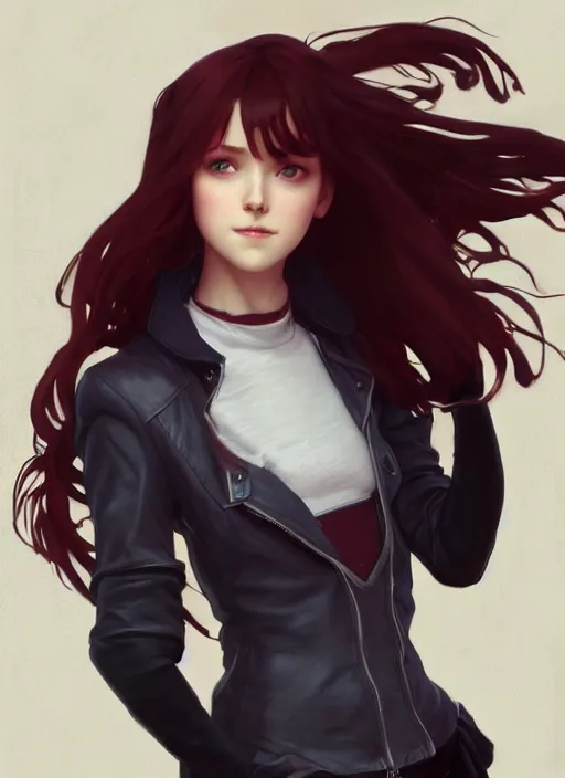 Image similar to pretty young woman with shoulder length shiny shimmering dark red hair and wearing worn leather jacket, concept art, t - pose, full body, path traced, highly detailed, high quality, digital painting, by studio ghibli and alphonse mucha, leesha hannigan, makoto shinkai, arcane