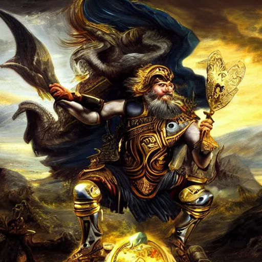 Prompt: mythological Odin all father god of thunder and artificial intelligence creating an artificial neural network with dark yellow synapses on an anvil, high resolution, award winning art, trending on art station, sharp image, incredibly detailed, odin all father detailed character realistic painting, painting by peter paul rubens