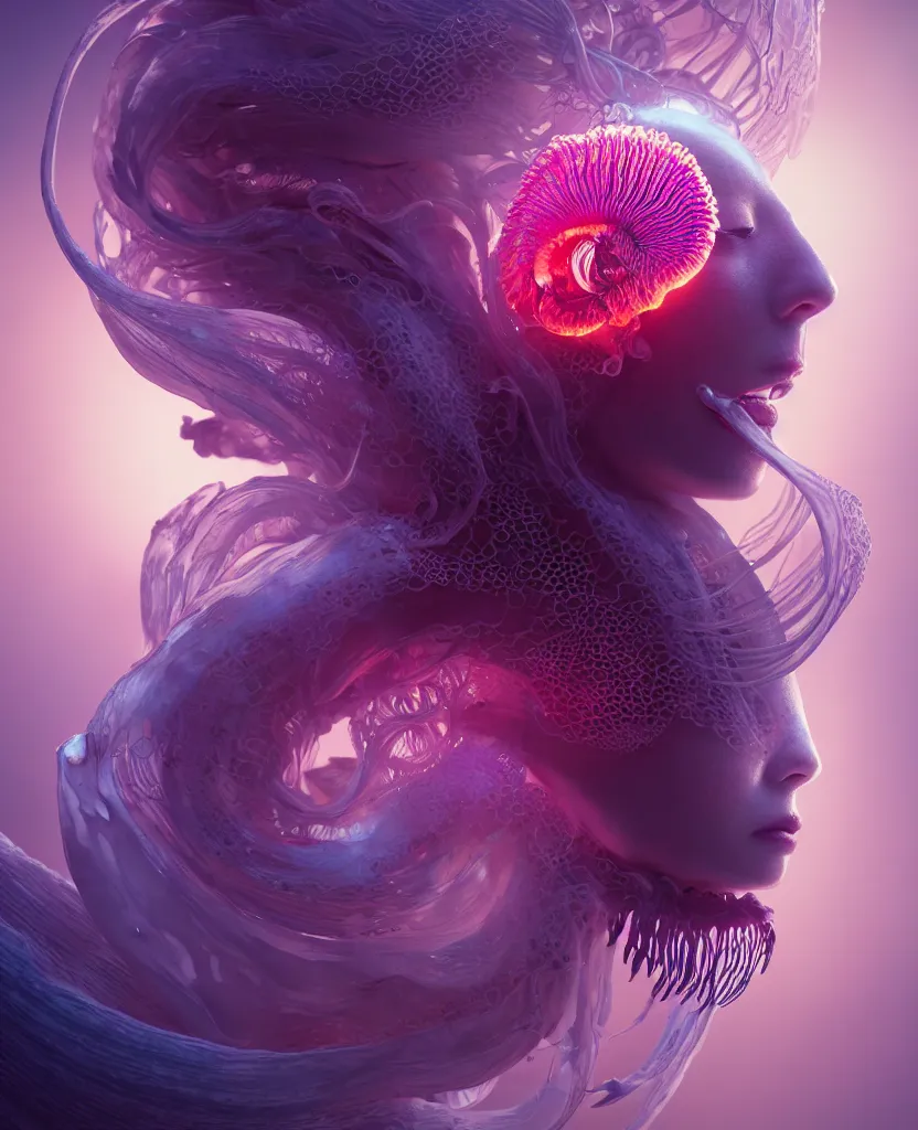 Image similar to goddess close-up portrait. chimera orchid jellyfish phoenix head, nautilus, skull, betta fish, bioluminiscent creatures, intricate artwork by Tooth Wu and wlop and beeple. octane render, trending on artstation, greg rutkowski very coherent symmetrical artwork. cinematic, hyper realism, high detail, octane render, 8k