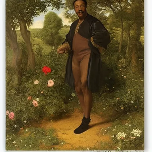 Image similar to renaissance portrait of Eddie Murphy by a meadow in a forest, masterpiece by Eugene de Blaas