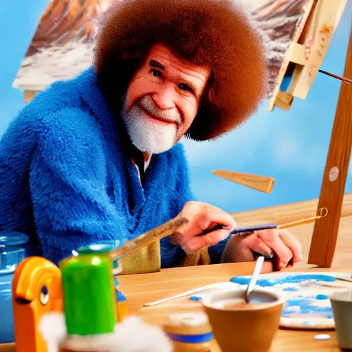 Image similar to a closeup photorealistic photograph of bob ross working on a canvas painting of cookie monster. film still. brightly lit scene. mountains and trees. this 4 k hd image is trending on artstation, featured on behance, well - rendered, extra crisp, features intricate detail, epic composition and the style of unreal engine.