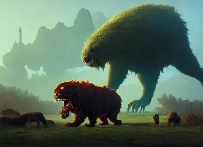 Image similar to giant monstrous aggressive furred creature lurking over a cowering smaller creature, in the foreground a small town, epic science fiction horror digital matte painting by Simon Stalenhag and Mark Brooks (and Greg Rutkowski), extremely detailed, artstation