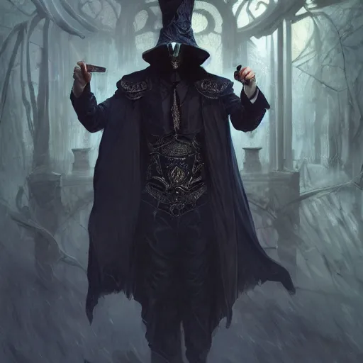 Image similar to - i full body portrait of a male magician with a mask controlling ghosts and spirits, spooky, horror, gothic, d & d, fantasy, intricate, elegant, highly detailed, digital painting, artstation, concept art, smooth, sharp focus, illustration, art by artgerm and greg rutkowski and alphonse mucha