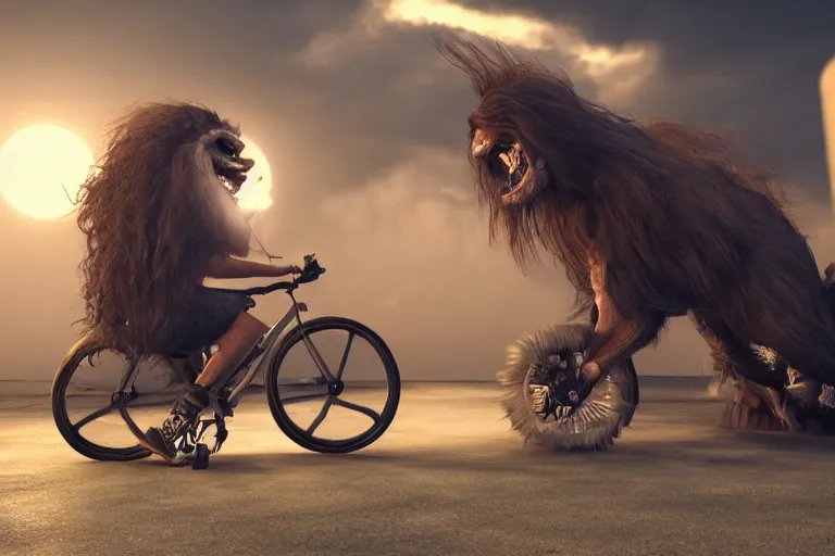 Prompt: a large, long haired monster rides a tiny bicycle, cinematic lighting, highly detailed