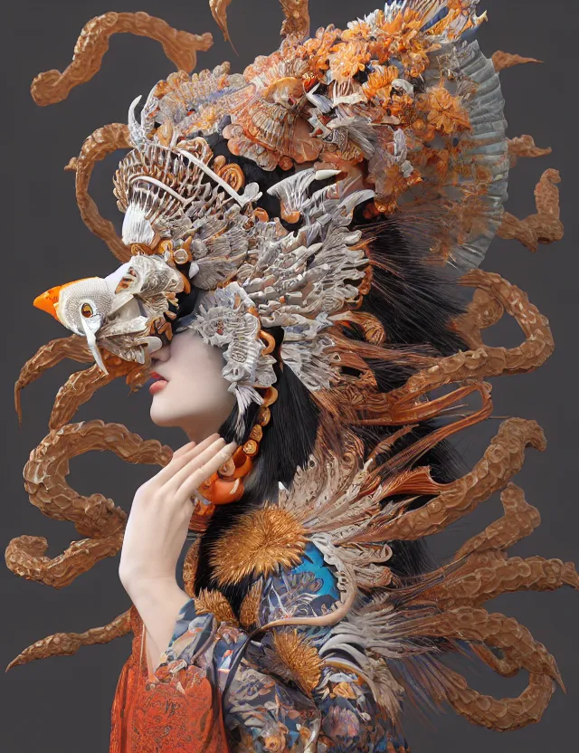 Image similar to 3 d goddess in robe close - up profile portrait with ram skull. beautiful intricately detailed japanese crow kitsune mask and clasical japanese kimono. betta fish, jellyfish phoenix, bio luminescent, plasma, ice, water, wind, creature, artwork by tooth wu and wlop and beeple and greg rutkowski