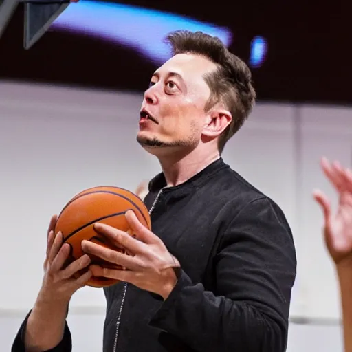 Prompt: photo of Elon Musk eating a basketball