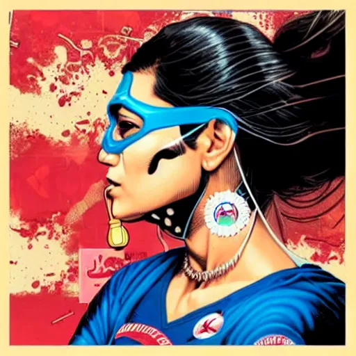 Prompt: a profile photo of a pakistaniwoman with a diving oxygen mask with side profile blood in ocean intricate details by MARVEL comics and Sandra Chevrier-C