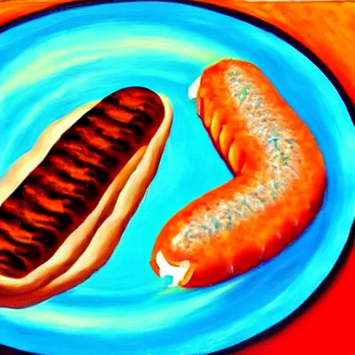 Image similar to oil on canvas, half fish half sausage on a plate. sausage with the fins of a fish