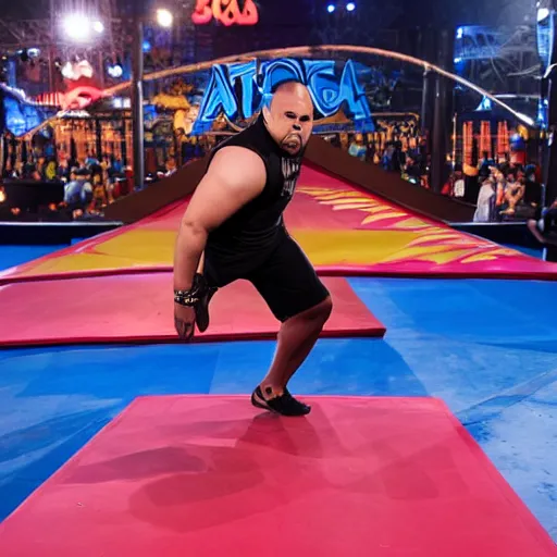 Image similar to Gabriel Iglesias competing on American Ninja Warrior, sports photography