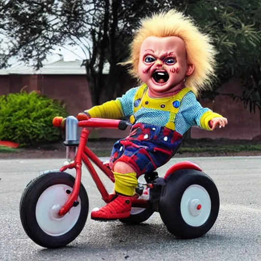 Prompt: cute screaming chucky doll riding a tricycle