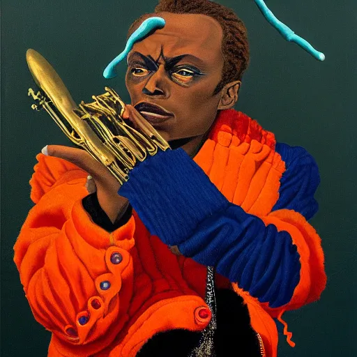 Image similar to beautiful fantasy character portrait, miles davis, bitches brew, wearing orange puffy bomber jacket with teal fur, by malti klarwein