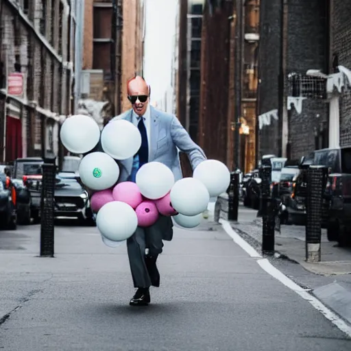 Image similar to joe biden carrying 1 0 0 bouncy balls, fashion photography, vogue street fashion tribeca, vsco photo, high definition