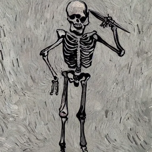 Prompt: a bloody skeleton holding a knife in the style of vincent van gogh