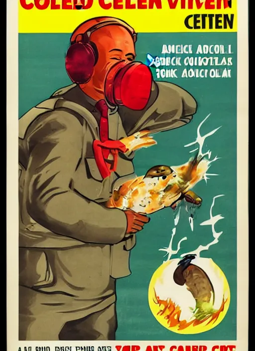 Image similar to cold war civil defense poster teaching survival secrets for atomic attacks, duck and cover with bert the turtle,