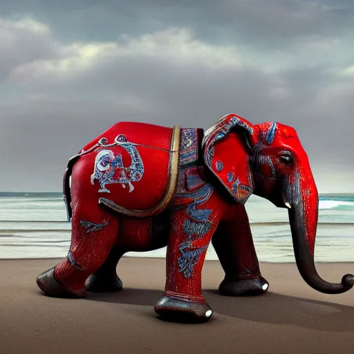 Prompt: red elephant with wheels instead of feet driving on the Pacific ocean, highly detailed, 8k, bordering on artstation,