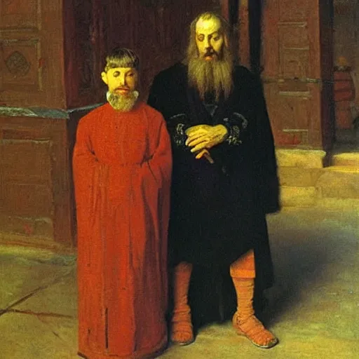 Image similar to ivan the terrible and his son ivan, painting by ilya repin, extremely detailed, oil on canvas
