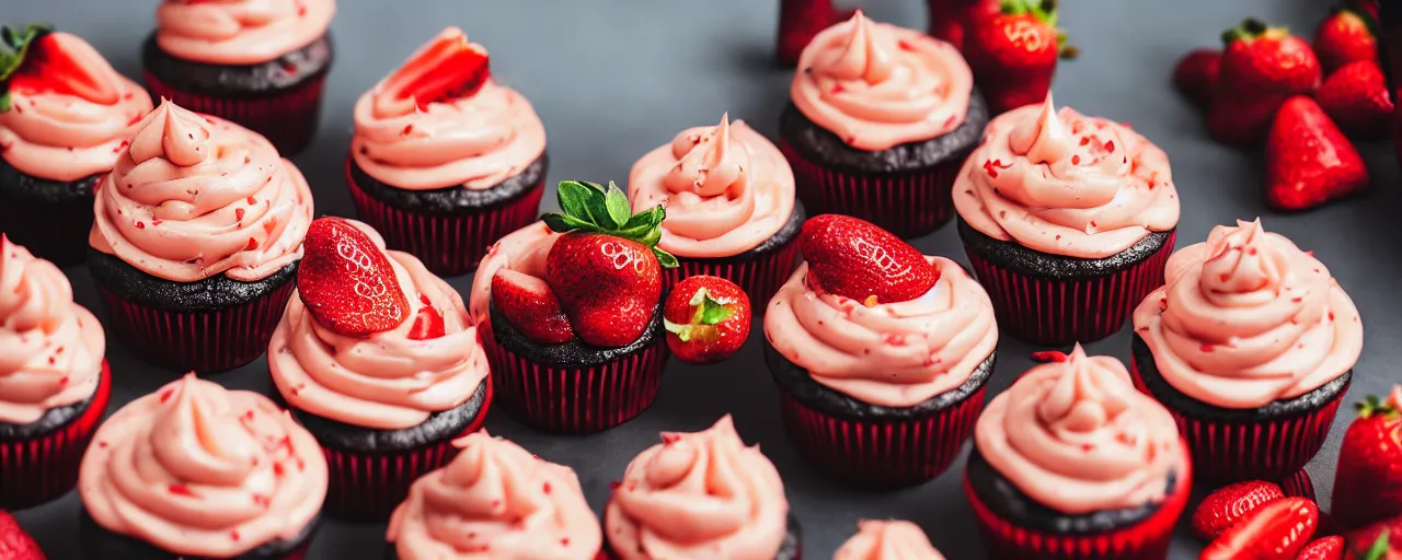 Prompt: juicy strawberry cupcakes from a fast food restaurant, depth of field, food photography, isometric, tasty, mcdonalds, wide shot, studio, bokeh, gmaster, cooking, food, kodak, sony, canon