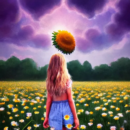 Image similar to head made of giant daisies, girl standing barefoot in a flower field, arms stretched, surreal photography, sunrise dramatic light, impressionist painting, colorful clouds, large sky, digital painting, artstation, simon stalenhag, flower face