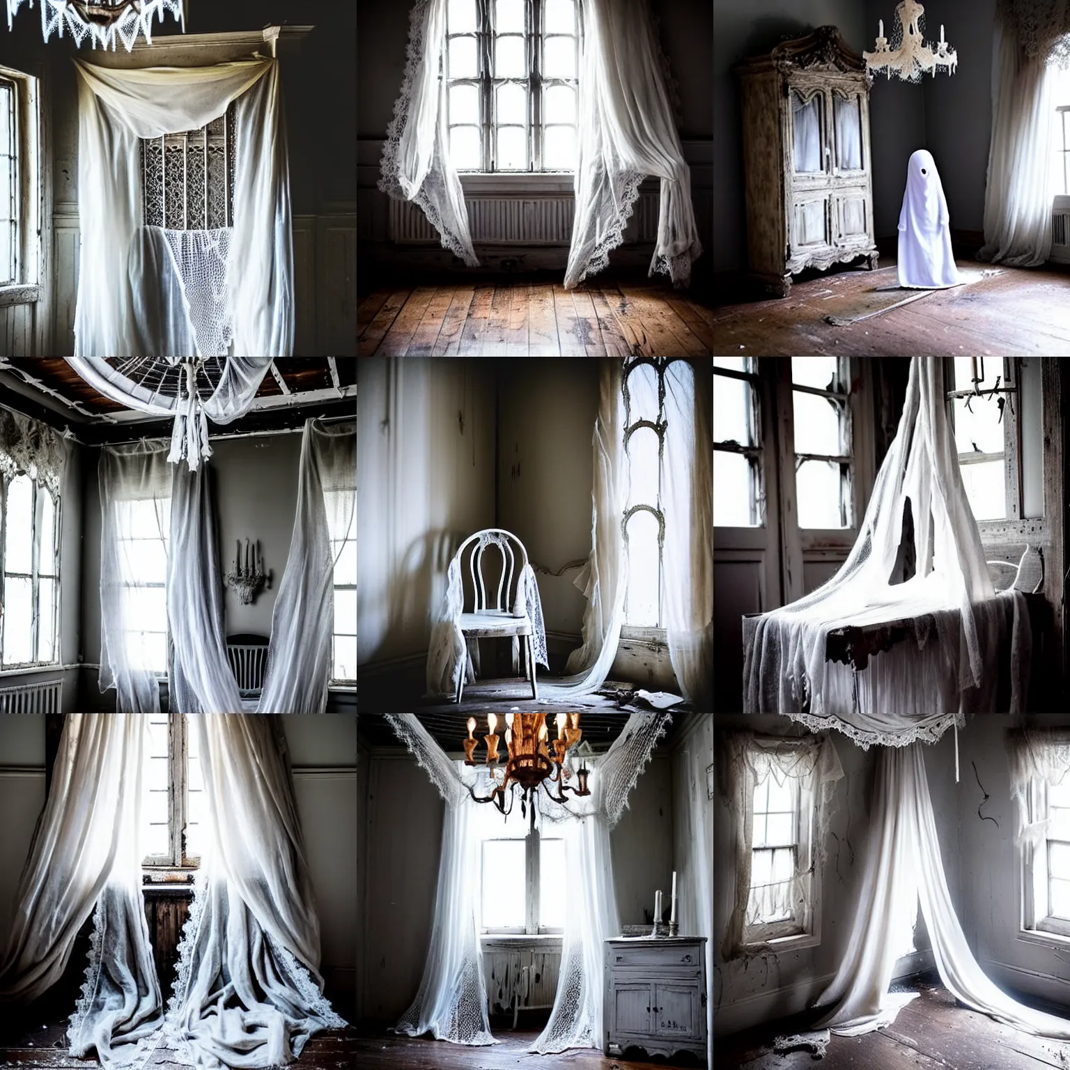 Prompt: a very cute, smol little gauzy grey ghost inside a big, dark scary haunted house. cheesecloth, worn floorboards, dusty chandelier, tambour lace
