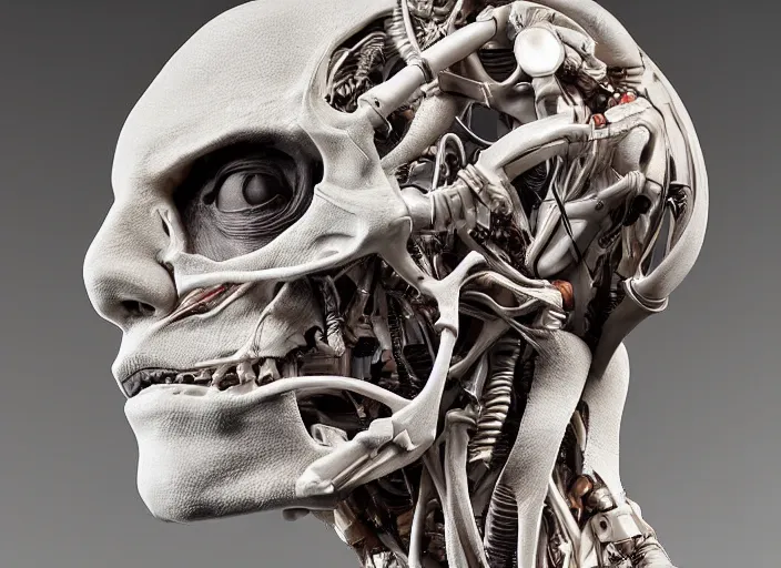 Image similar to a bust sculpture of anatomical cyborg, ,detailed face, ceramic base, studio lighting