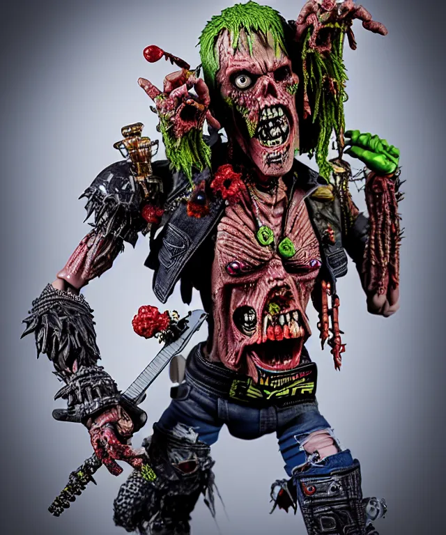 Image similar to hyperrealistic rendering, punk rock zombie is motu action figure, product photography