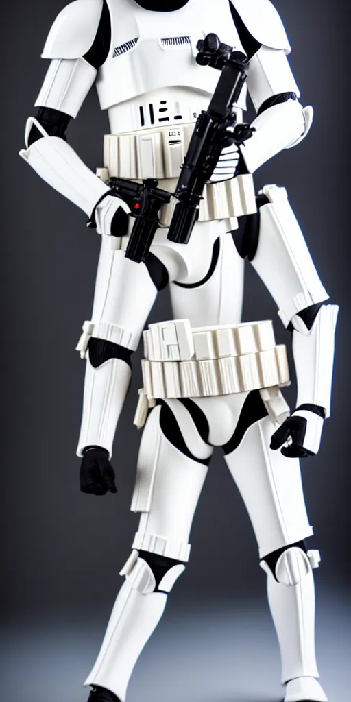 Image similar to Realistic fashion photoshoot of a Stormtrooper, commercial, studio lighting, 50 mm lens, flash photography, 8K, highly detailed, leica, medium format