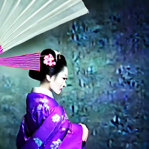 Image similar to Japanese geisha with beautiful violet paper fan, 4k photography, 30 mm lens, cinematic light, warm atmosphere, in style of Kar Wai Wong, cigarette smoke trail