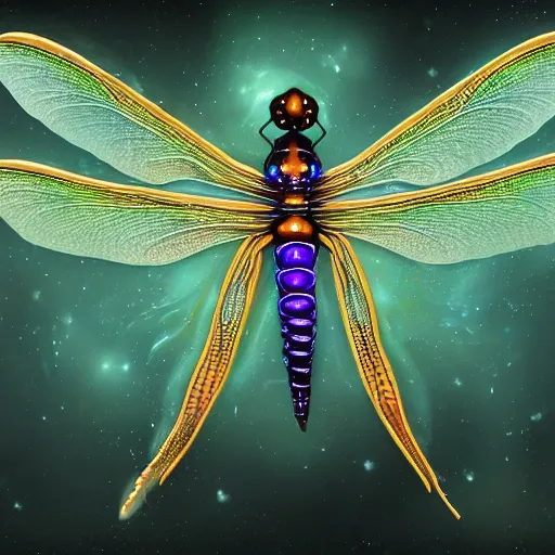 Prompt: a legendary magical dragonfly , digital art , trending on artstation , highly detailed , space nebula background