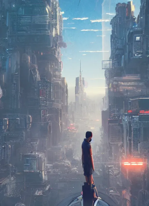 Image similar to alone person facing the desperate call of the void, futuristic cityscape, unreal 5 render, vivid colors, high detail, clear weather, studio ghibli, history painting, digital art, octane render, beautiful composition, trending on artstation, award - winning photograph, masterpiece