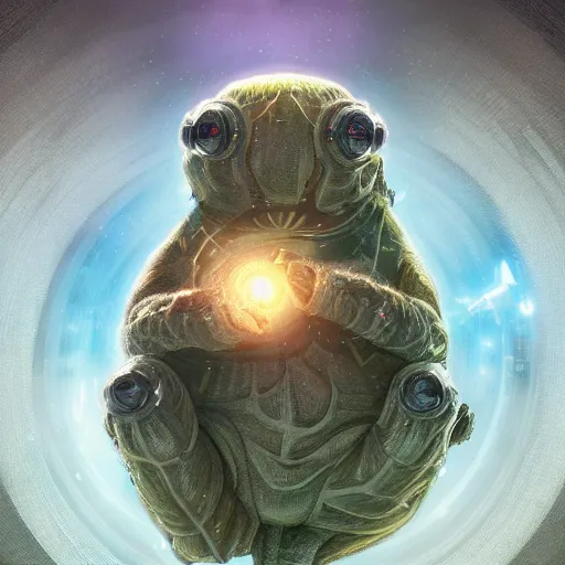 Prompt: detailed science - fiction tardigrade portrait of a tardigrade shooting lasers out of its eyes, intricate, wild, highly detailed, digital painting, artstation, concept art, smooth, sharp focus, illustration, art by artgerm and greg rutkowski and alphonse mucha