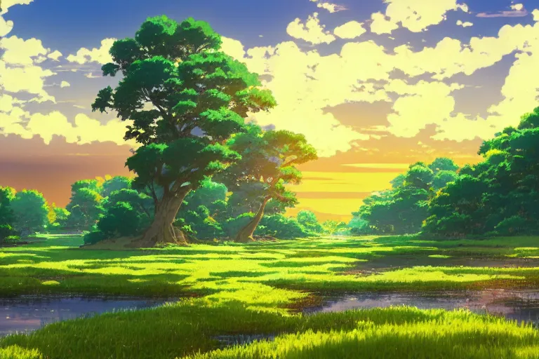 Image similar to anime screenshot wide-shot landscape with river and meadow hill, forest on the horizont, beautiful ambiance, golden hour, studio ghibli style, by hayao miyazaki, tom moor, sharp focus, highly detailed,