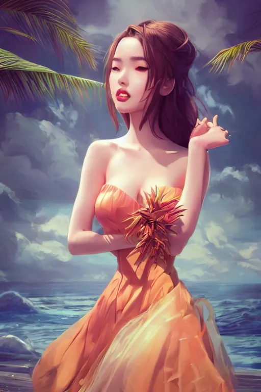 Image similar to a beautiful fashion goddness of love, chic strapless dress, tropical sea background, character design, in the style of artgerm, and wlop, cinematic lighting, hyperdetailed, 8 k realistic, symmetrical, global illumination, radiant light, frostbite 3 engine, cryengine, dof, trending on artstation, digital art