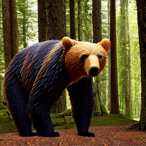 Image similar to Bear made out of old books a forest with impossibly tall trees. 8k resolution. Hyperrealistic.