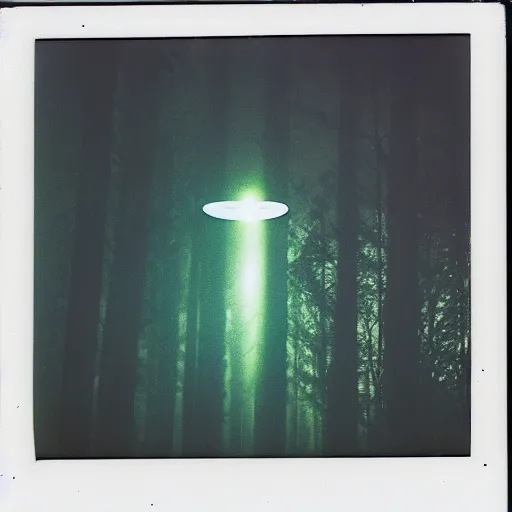 Prompt: a ufo with glowing lights flying over a forest at night, old polaroid, expired film,