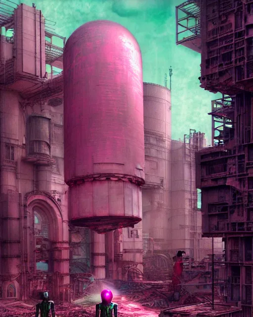 Prompt: hyperrealistic hyperdetailed 60s mecha iridescent pink coming out of dystopian city ruins concept art santiago caruso de chirico sharp very dramatic green light 8k low angle shallow depth of field