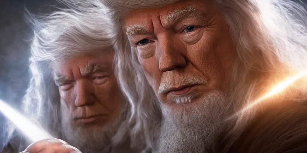 Image similar to a beautiful photo of gandalf being starred by donald trump, intricate detail, god rays, photography, volumetric light, cinematic, 8 k