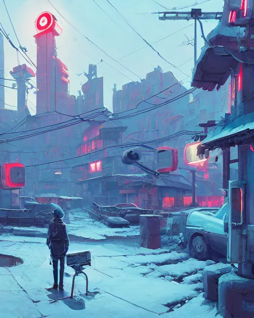 Image similar to painting of old ruined cyberpunk soviet village, detailed, by simon stalenhag, cory loftis, james gilleard, atey ghailan, makoto shinkai, goro fujita, studio ghibli, rim light, exquisite lighting, clear focus, very coherent, plain background, soft painting